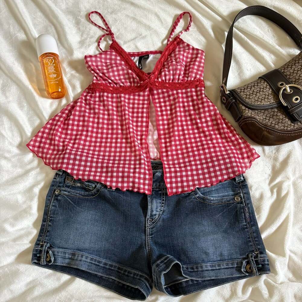 Red and White Gingham Plaid Tie-Front Cami Top